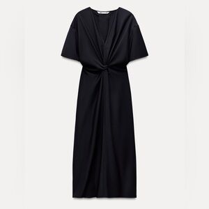 ZARA NAVY DRAPED WOOL SHORT SLEEVE MIDI DRESS ZW COLLECTION OFFICE CAREER M